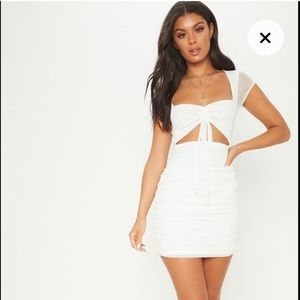 PLT WHITE SQUARE NECK MESH RUCHED CUT DRESS NWT